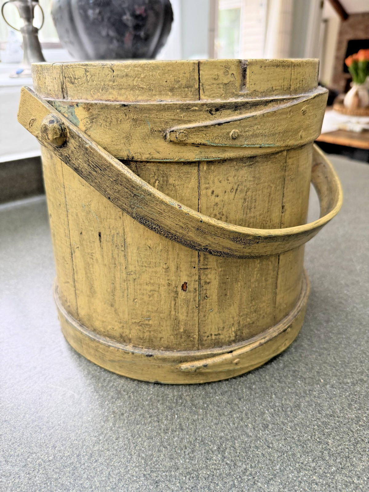 ANTIQUE 9″ COVERED FIRKIN OLD yellow green PAINT primitive country home decor
