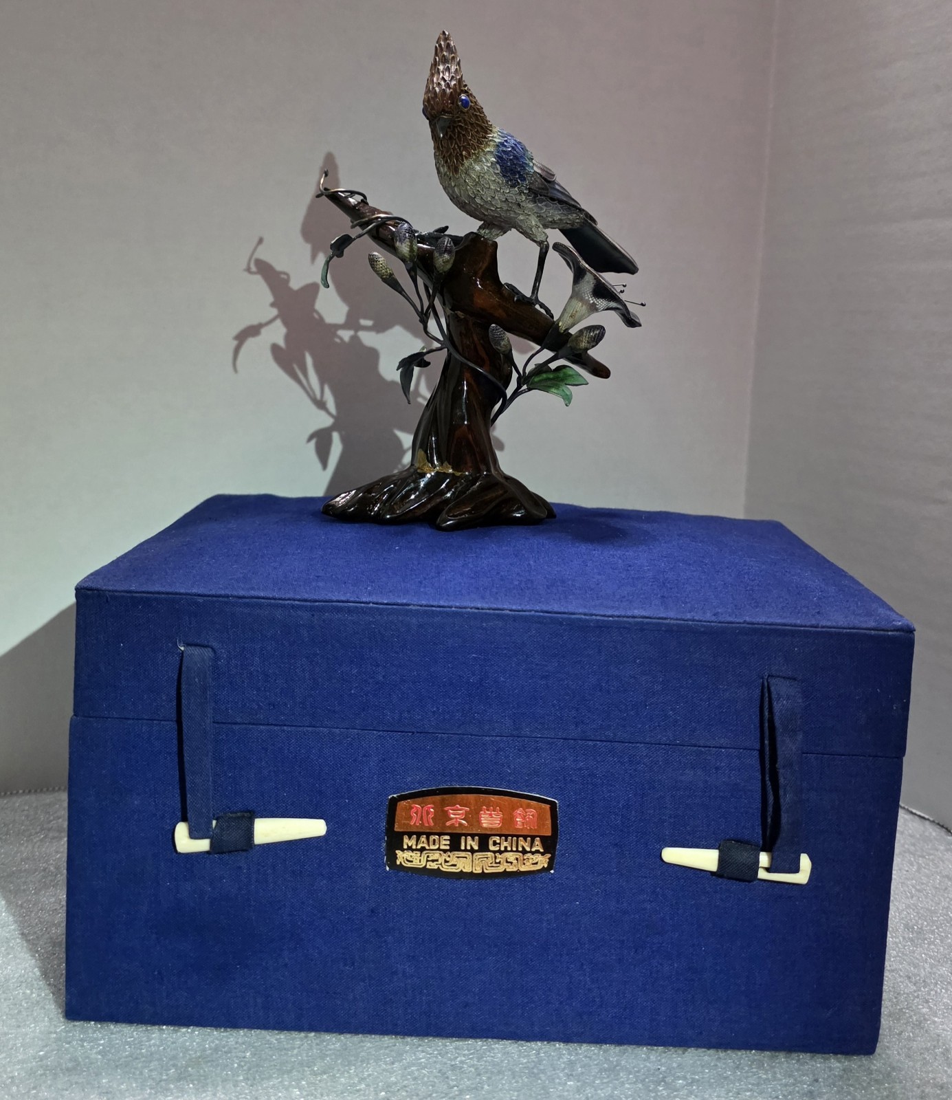 Chinese Silver Filigree Enamel Bird/Flowers On Wood Mount W/Presentation Box