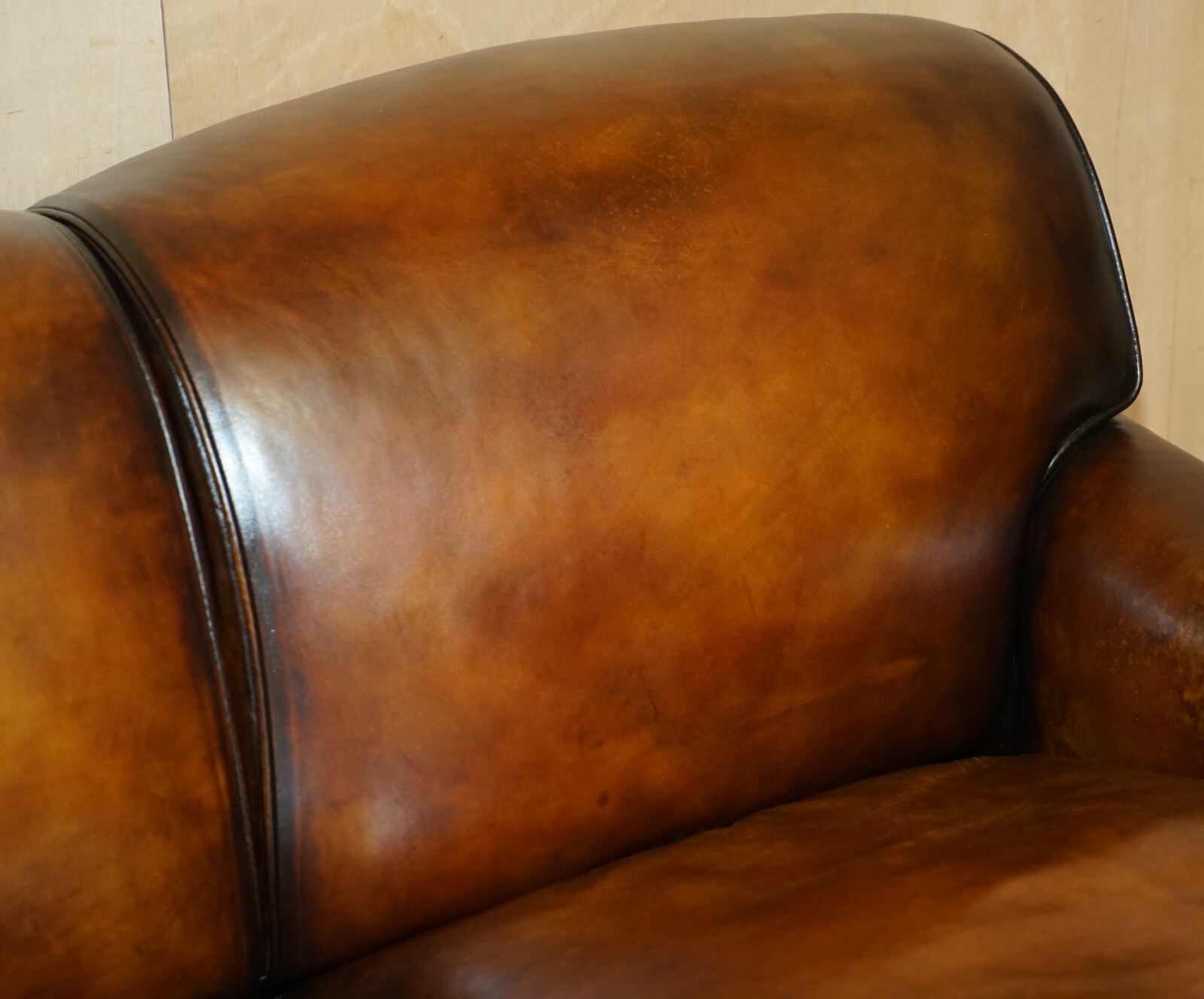 1 OF 2 LARGE GEORGE SMITH HOWARD & SON’S BROWN LEATHER SIGNATURE SCROLL ARM SOFA