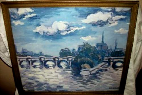1940s FRENCH SALINAS Impressionist Lithograph BLUE WHITE Cloudy Day Bridge Large
