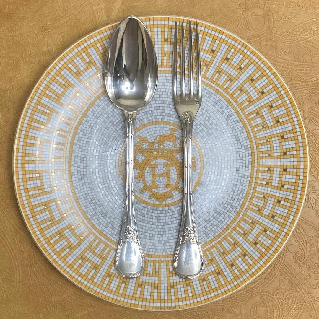 Hermes Solid Silver Spoon & Fork Set 100g Heavyweight Sterling Silver Rare used