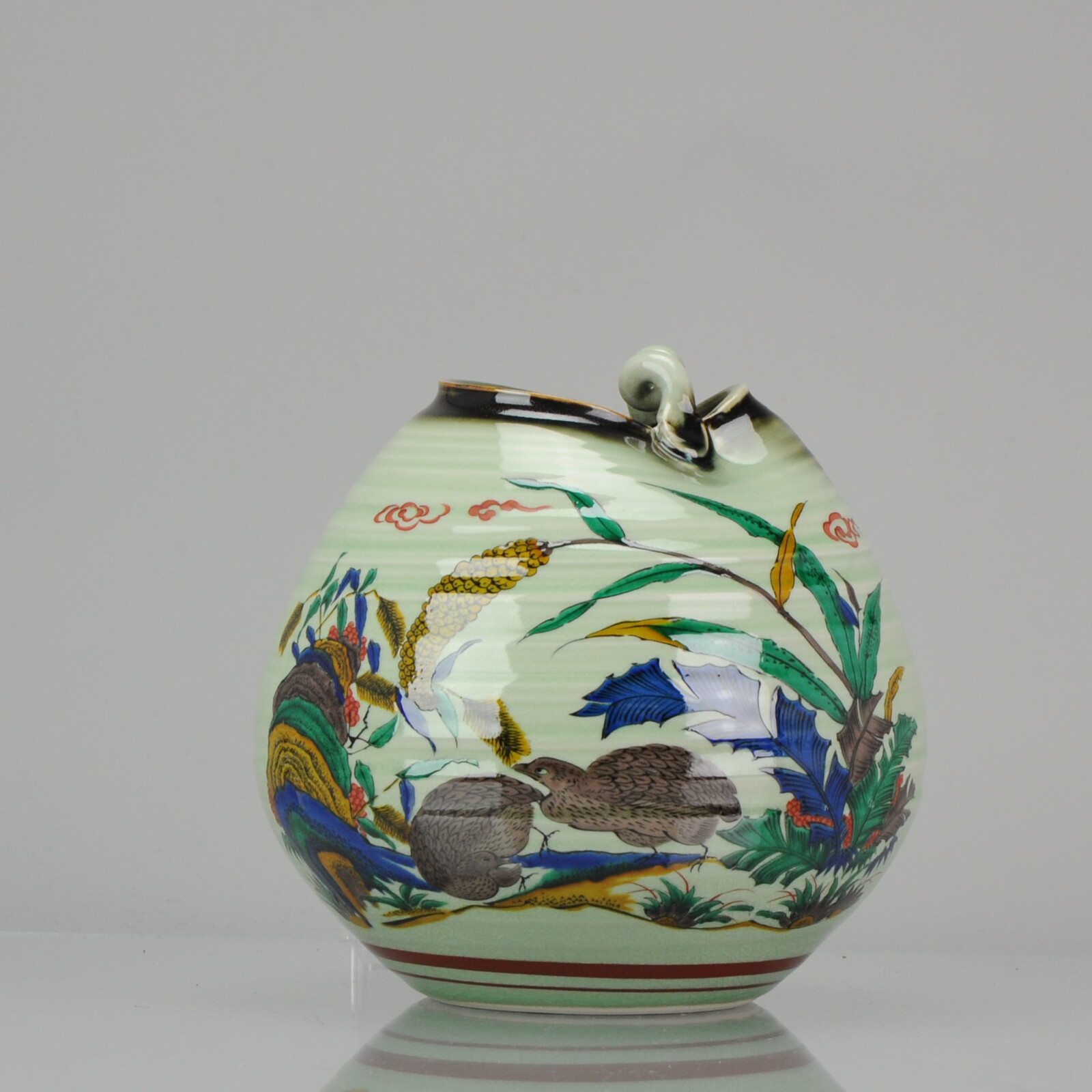 Modern Japanese 21st Century Porcelain Kutani Vase with two quails.