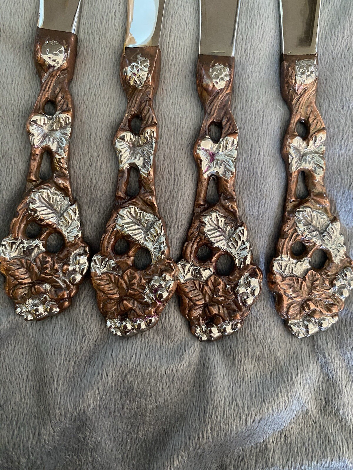 Vintage Butter Jam Spread Knives Floral Pattern Copper And Silver Set Of 4
