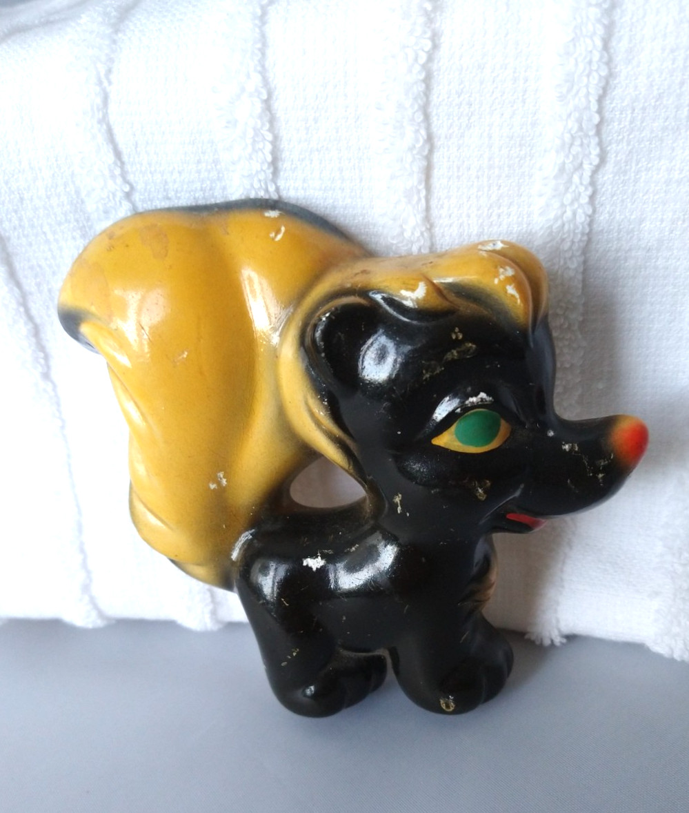 1940s Skunk Chalkware Wall Hanging Grannycore Black White Red Nose