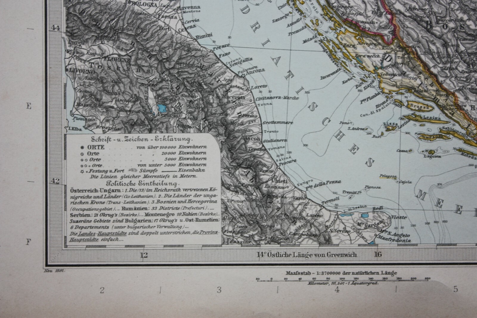 Original antique map NORTH BALKANS, CROATIA, BOSNIA, SERBIA, Stieler, 1891