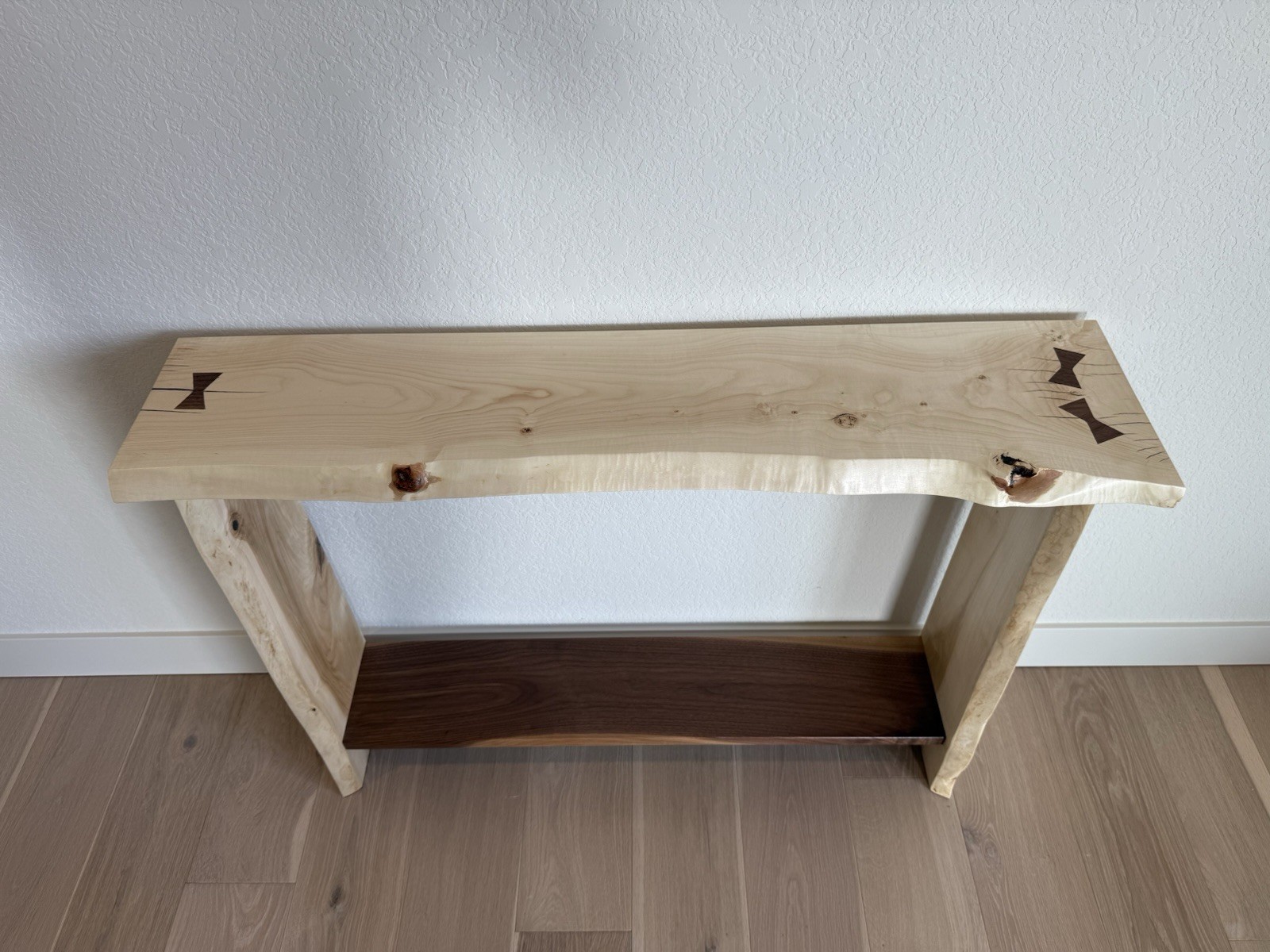 Solid Maple And Walnut Entry Table With Adjustable Feet And Inlaid Bow ties