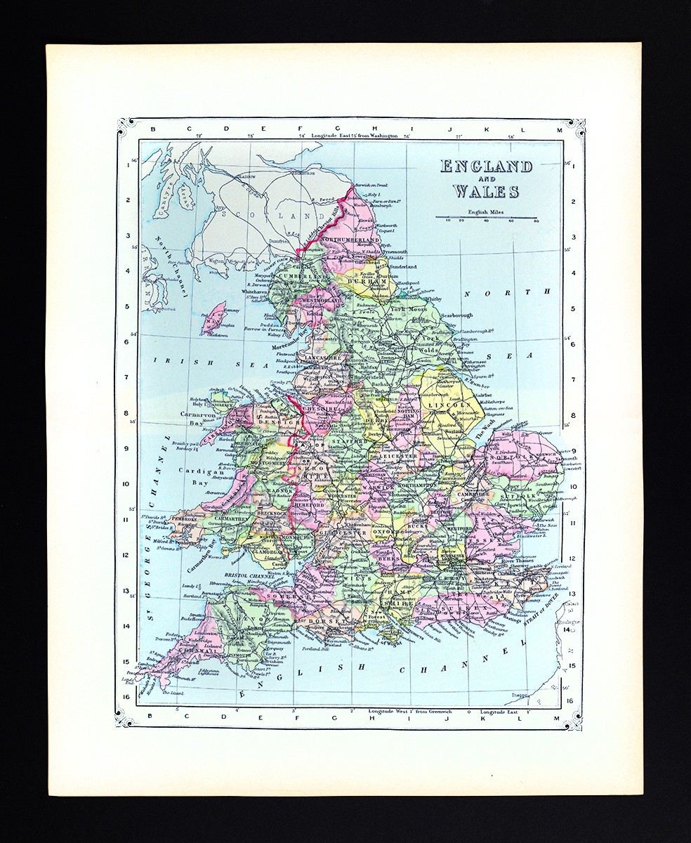 1886 Johnson Map England Wales London Oxford Liverpool Great Britain Cardif UK