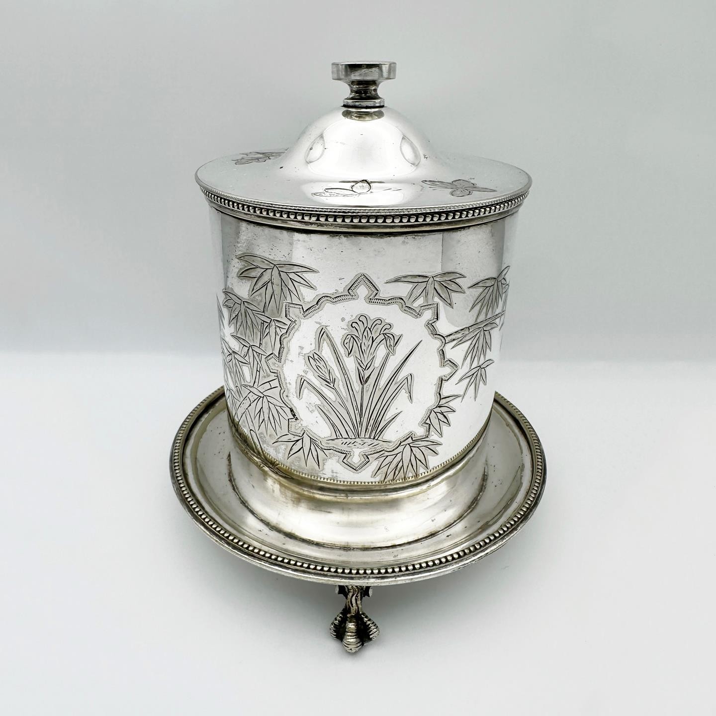 VICTORIAN AESTHETIC MOVEMENT PRESERVE / BISCUIT BOX SILVER PLATE HUKIN & HEATH
