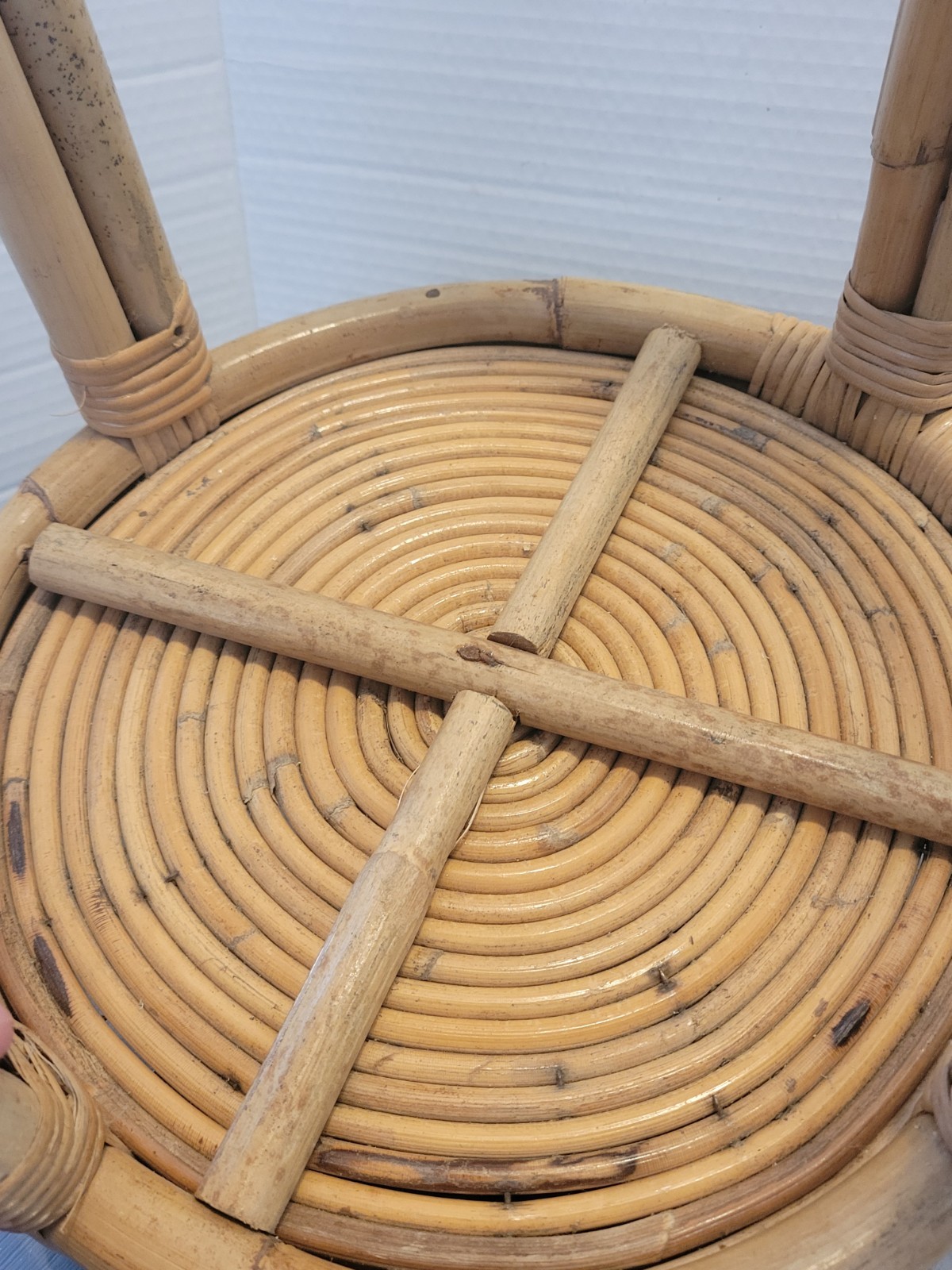Vintage Rattan Round Side Table, Boho Plant Stand Stool Mid Century