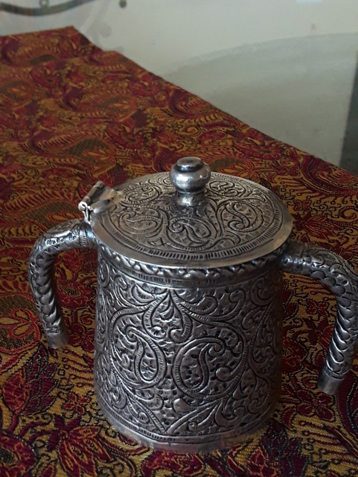 EXCEPTIONAL ANTIQUE HAND CHASED SOLID SILVER KASHMIR INDIA TEA SET PAISLEY DSGN