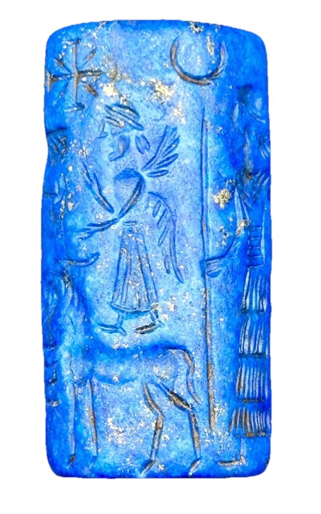 Near Eastern Lapis Seal Historical Mythical Winged Man Servants Deers Intaglio