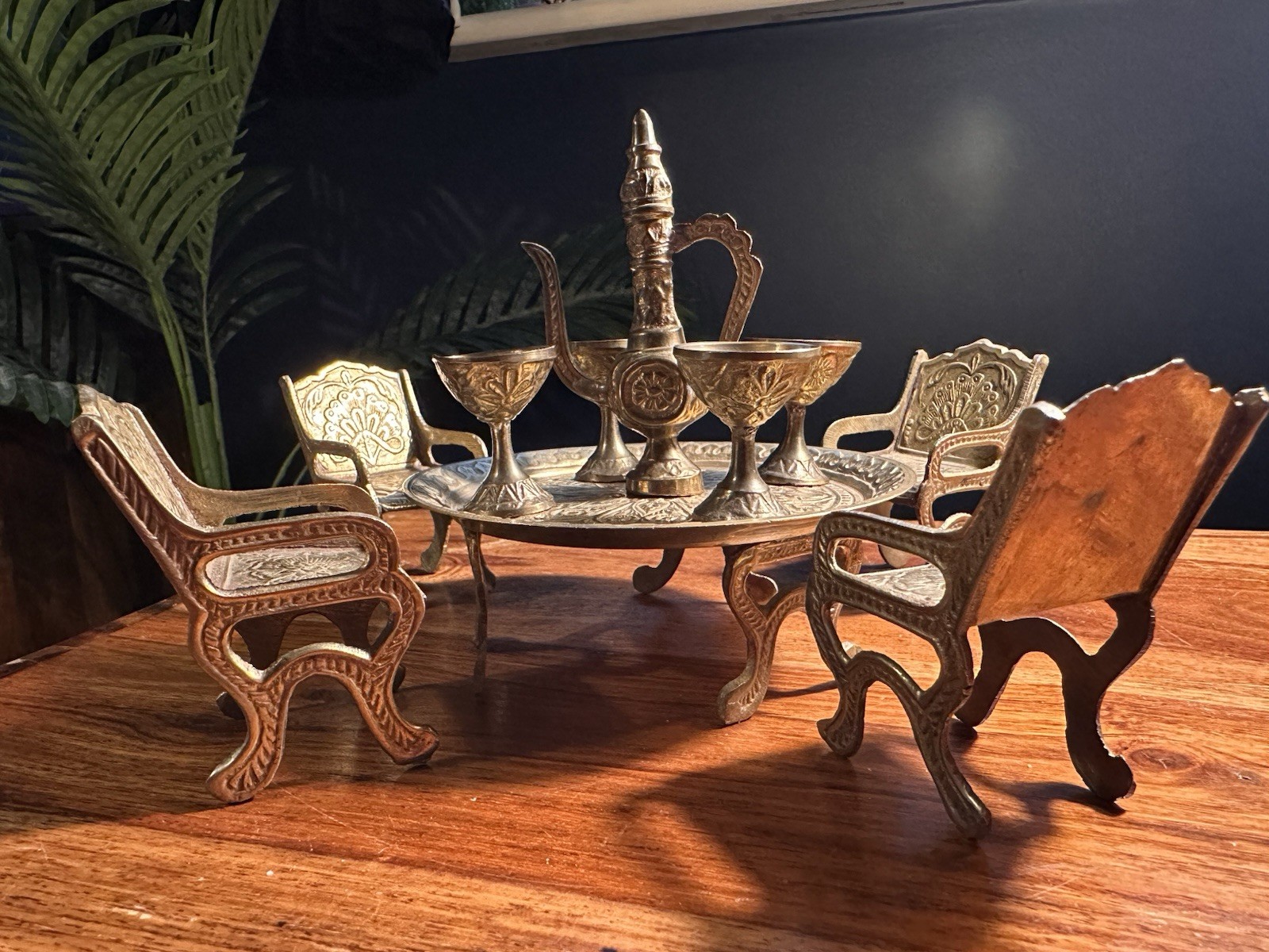 Vintage Brass Miniature Middle Eastern Coffee Table Set With Chairs & Goblets