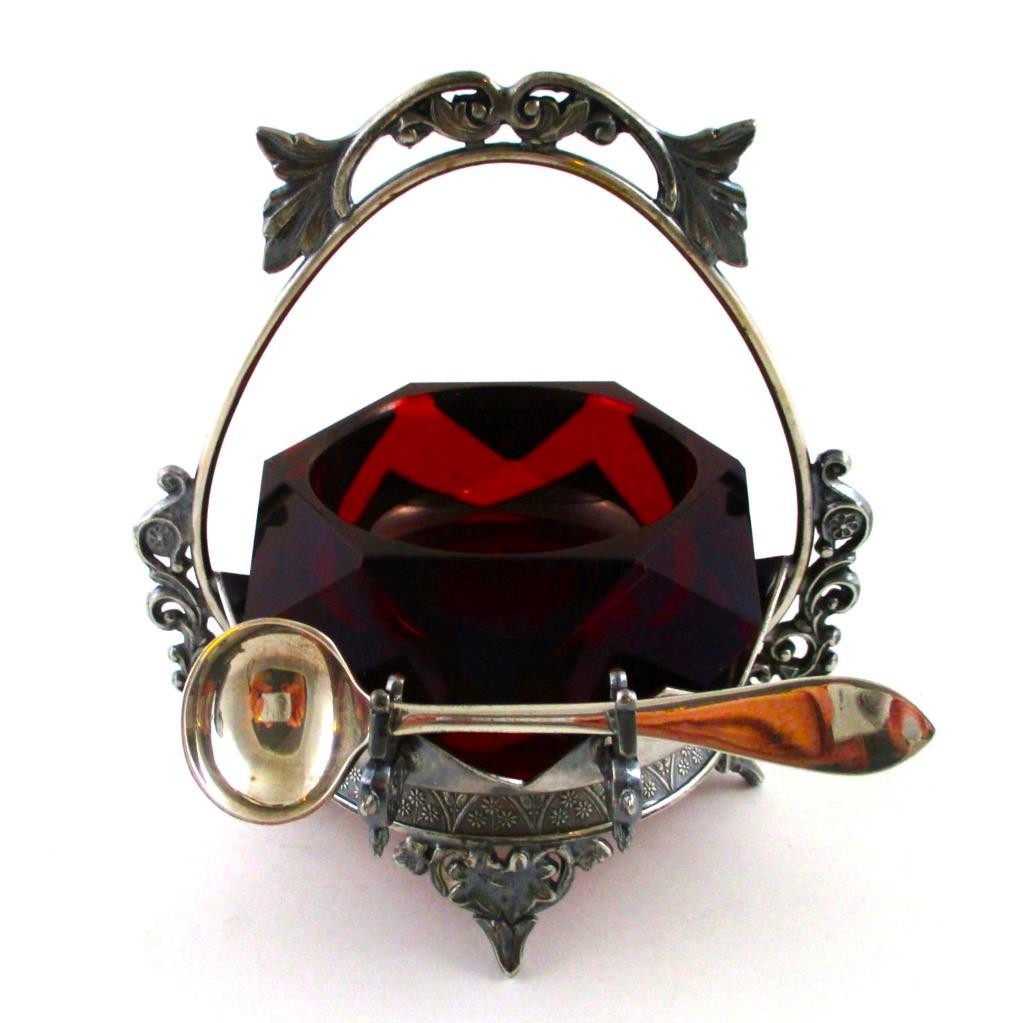 Ruby RED glass Master OPEN SALT – TORONTO S.P. #627 – Quad Silver Holder, Spoon