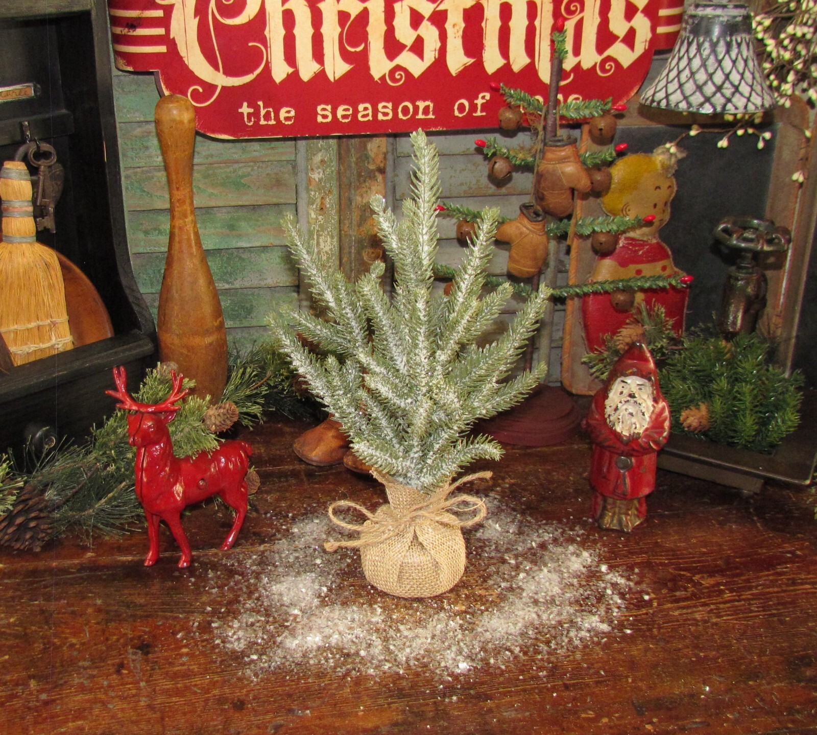 Primitive Mini Artificial Spruce Pine 12″ Snow Flocked Table Top Christmas Tree