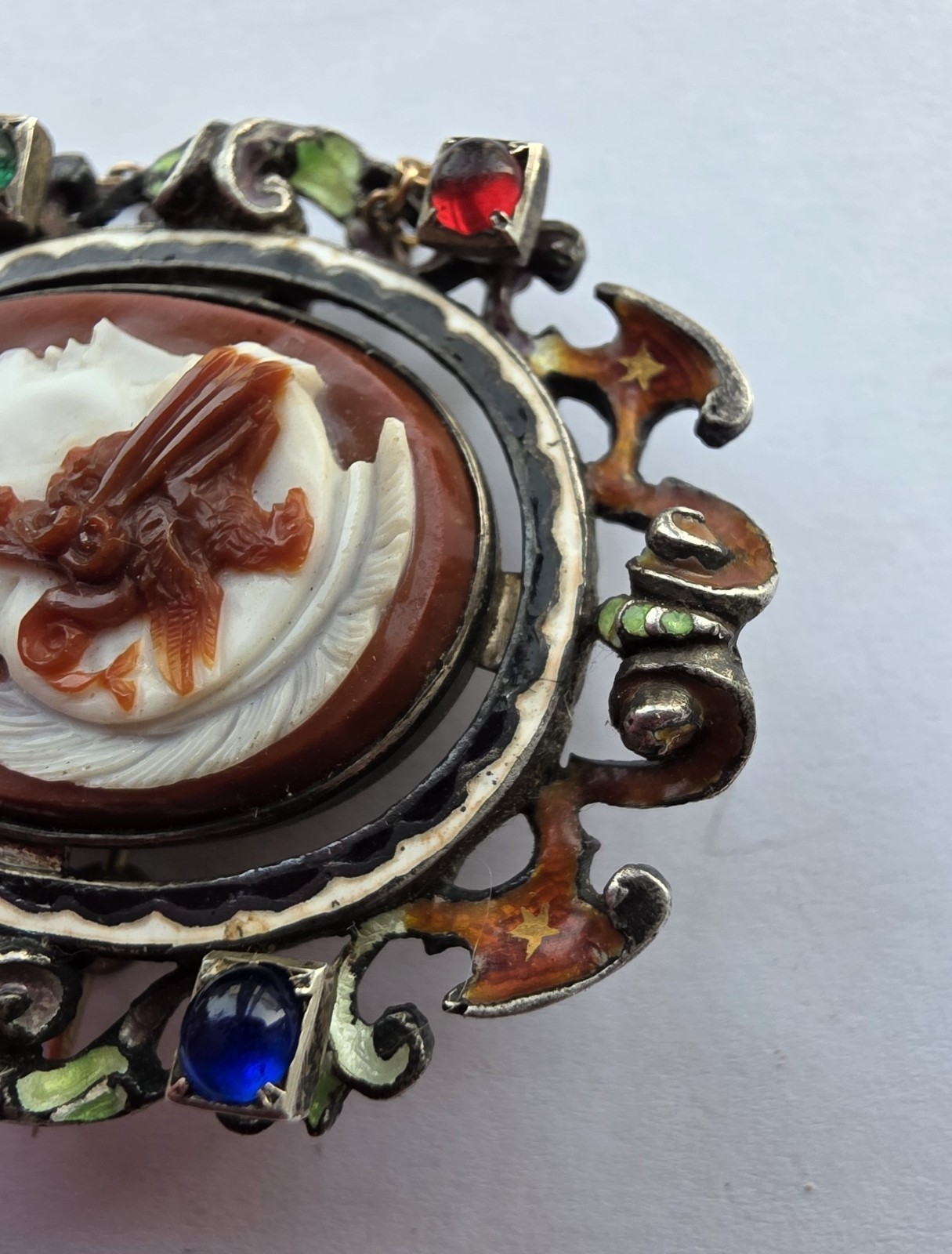 Unusual 19thc Sardonyx hardstone cameo and enamel brooch