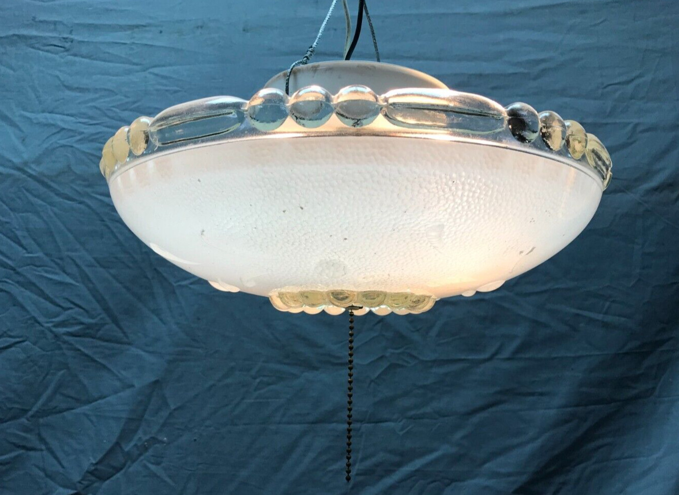 Vintage Deco 2 Bulb Ceiling Light Fixture 12″ Pressed Glass Shade Old 190-23B