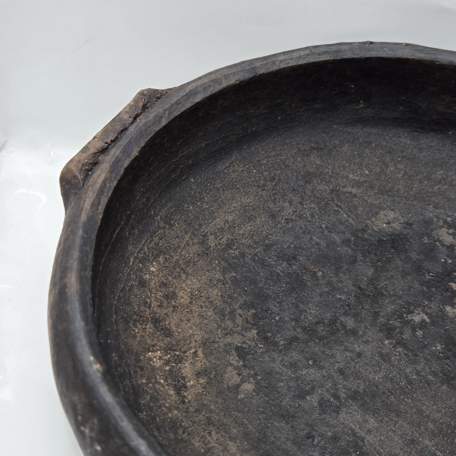 Antique Stoneware Black Red Clay Bowl/Plate Saucer W Patina Heavy Rustic 10″D
