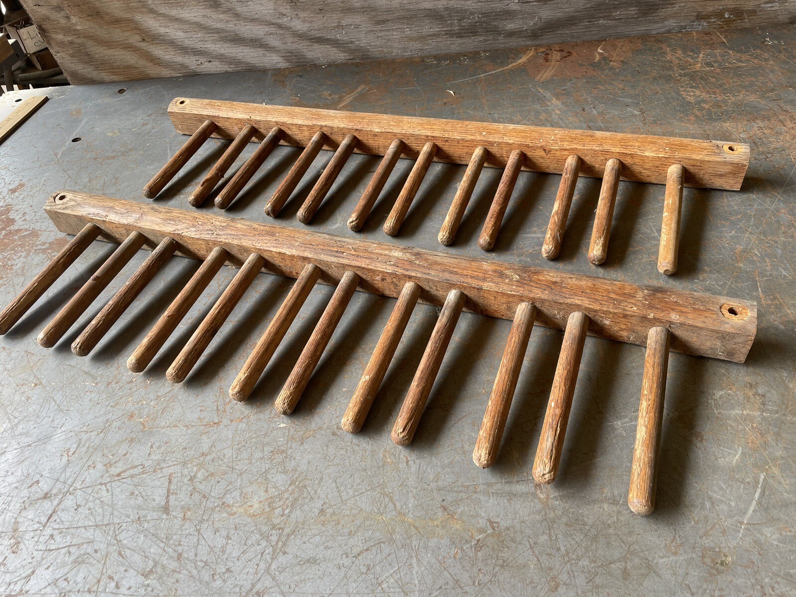 Pair Of 27” Antique Pegs From Shoe Factory Racks Perfect For Rubber Boot Storage