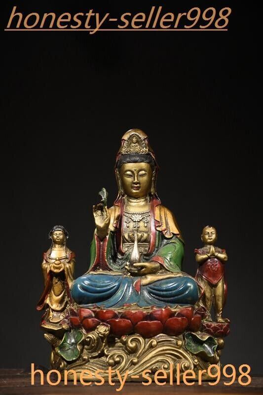 11.6″Old China temple bronze Gilt painted boy Kwan-Yin Bodhisattva Buddha statue