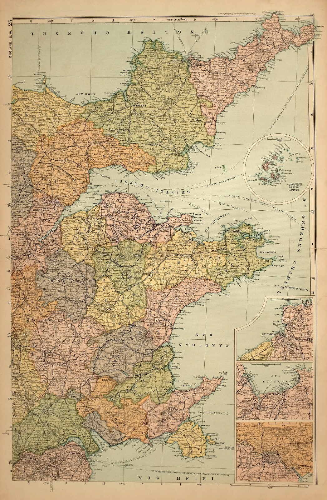 1908 MAP SOUTH WEST ENGLAND CORNWALL DEVON CARDIFF SWANSEA BRISTOL ANGLESEY