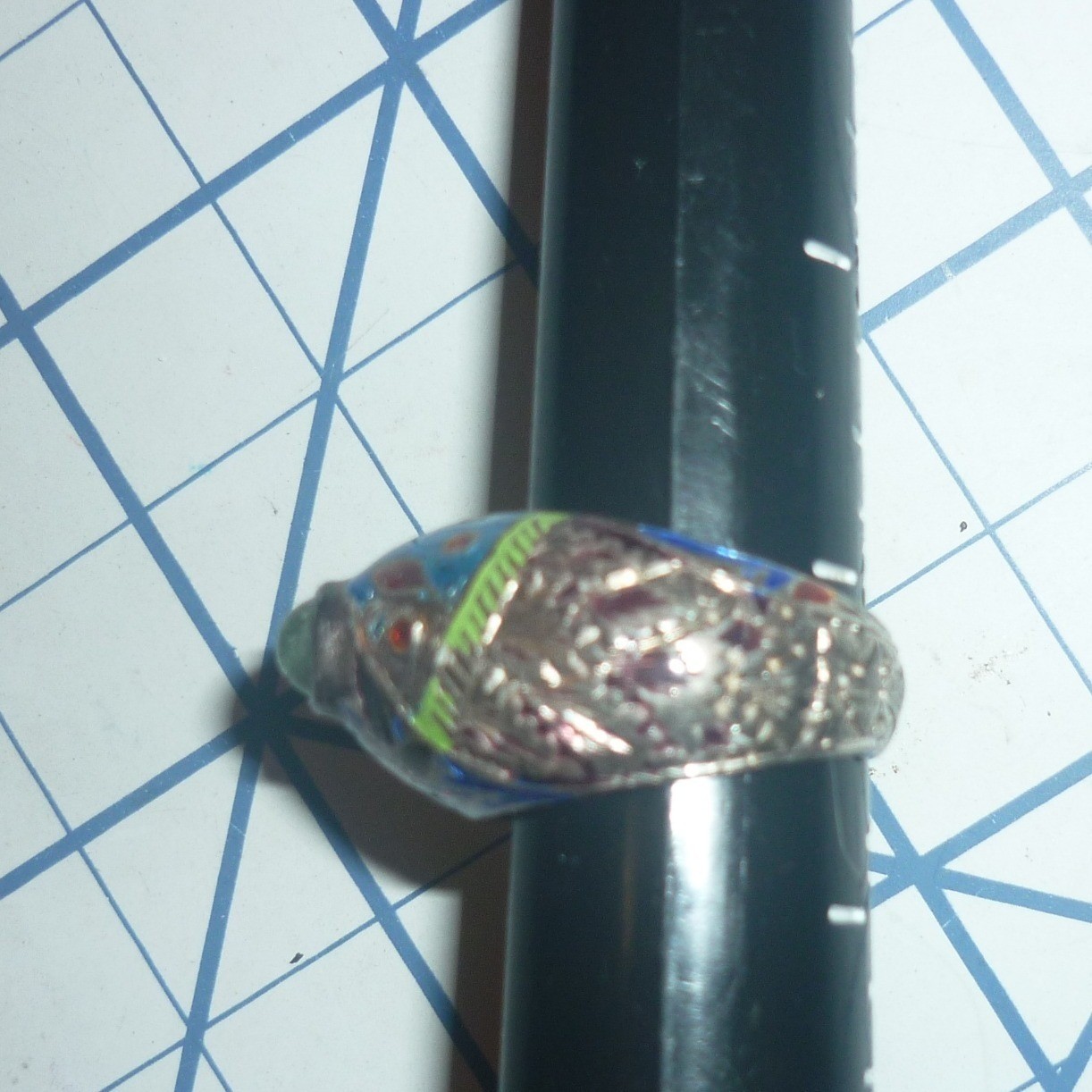 Vintage Chinese Export Cloisonne Enamel Silver Ring Green Cabochon Size 6.25