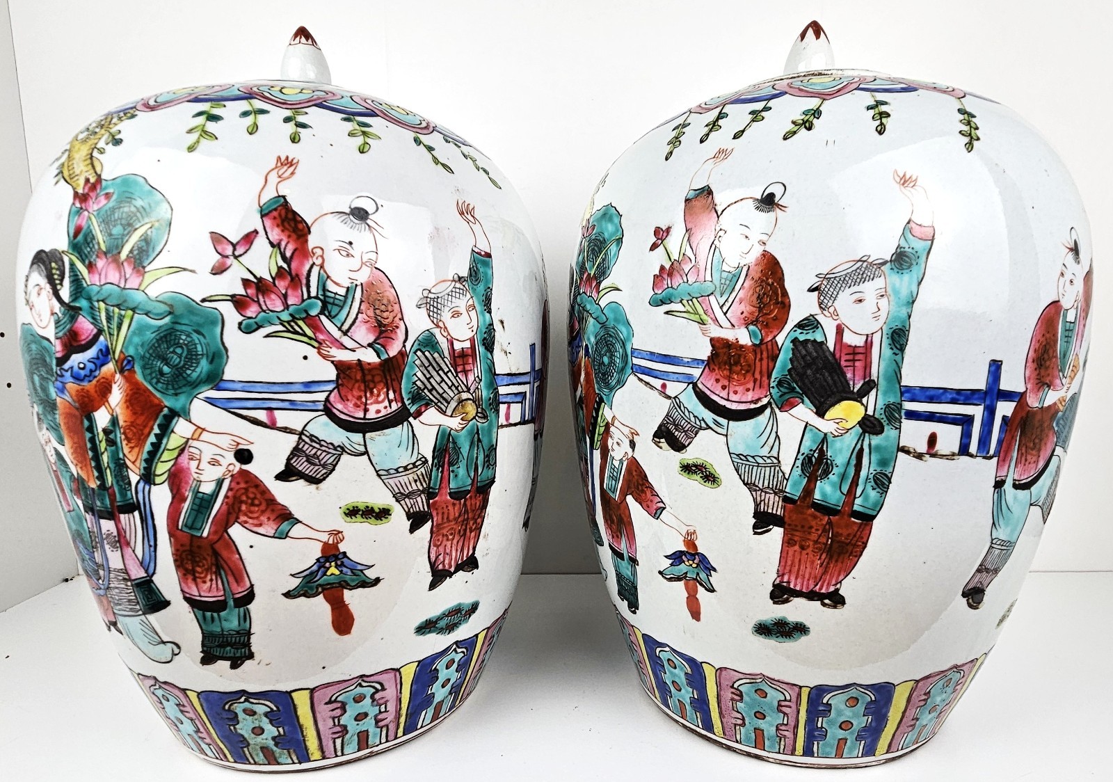 Pair of 19th c Qing Chinese Famille Rose Melon Ginger Jars Antique
