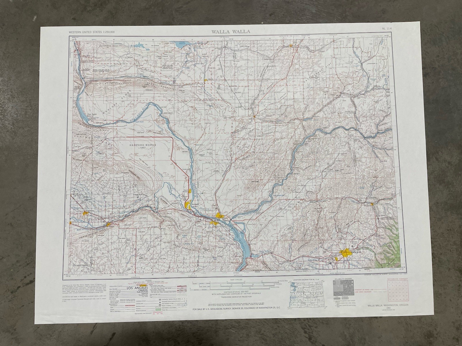 Vintage USGS Walla Walla Oregon Washington 1953 1963 Topographic Map 1:250000