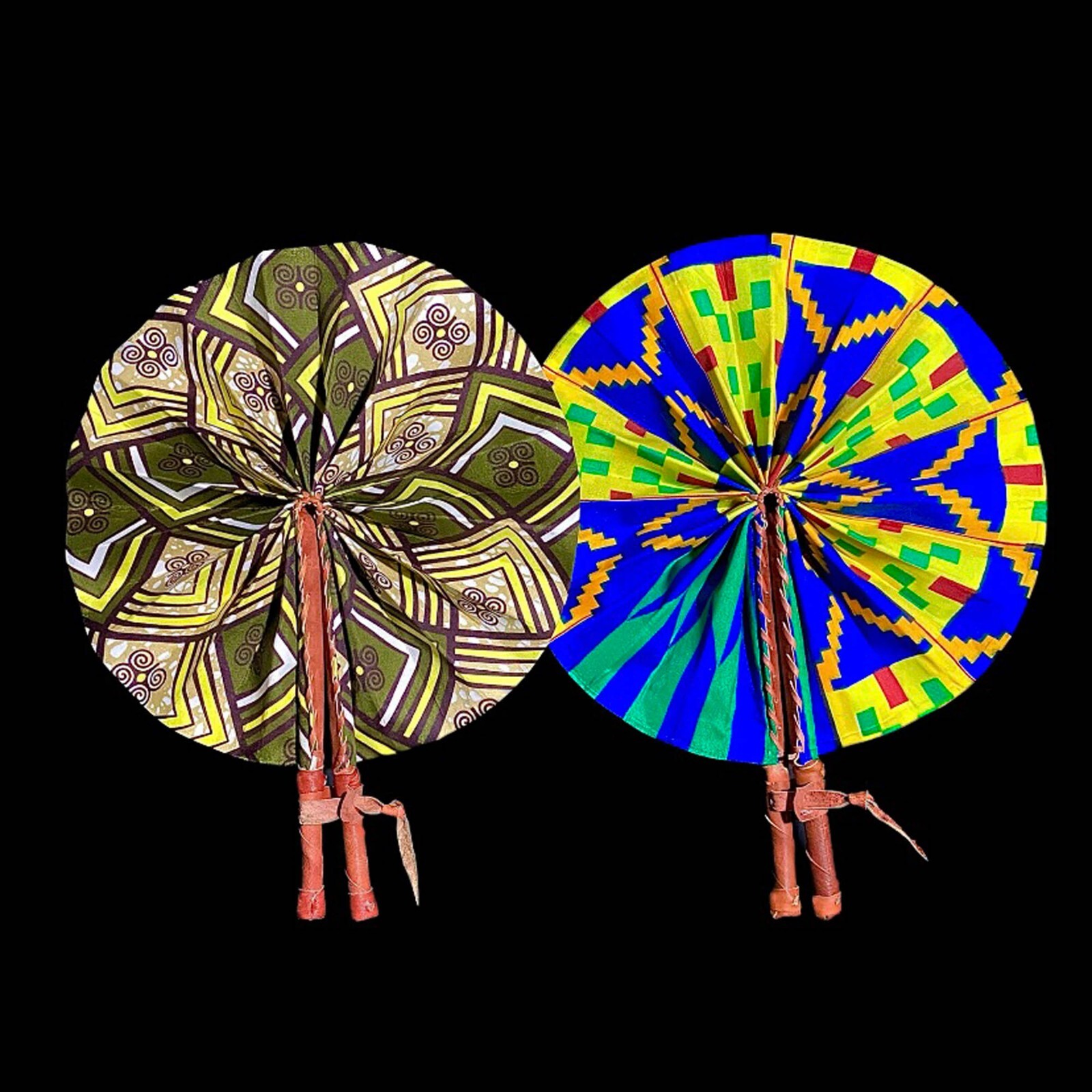 African Kente Cloth Hand Fans Set of 3 Foldable Tribal Art Collectible Deco-7665
