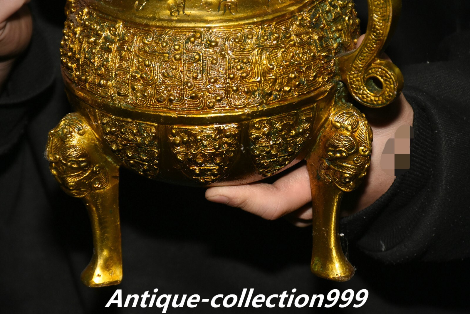 11″ China Dynasty Bronze Ware Gilt Inscription Dragon Beast Wine Tea Pot Flagon