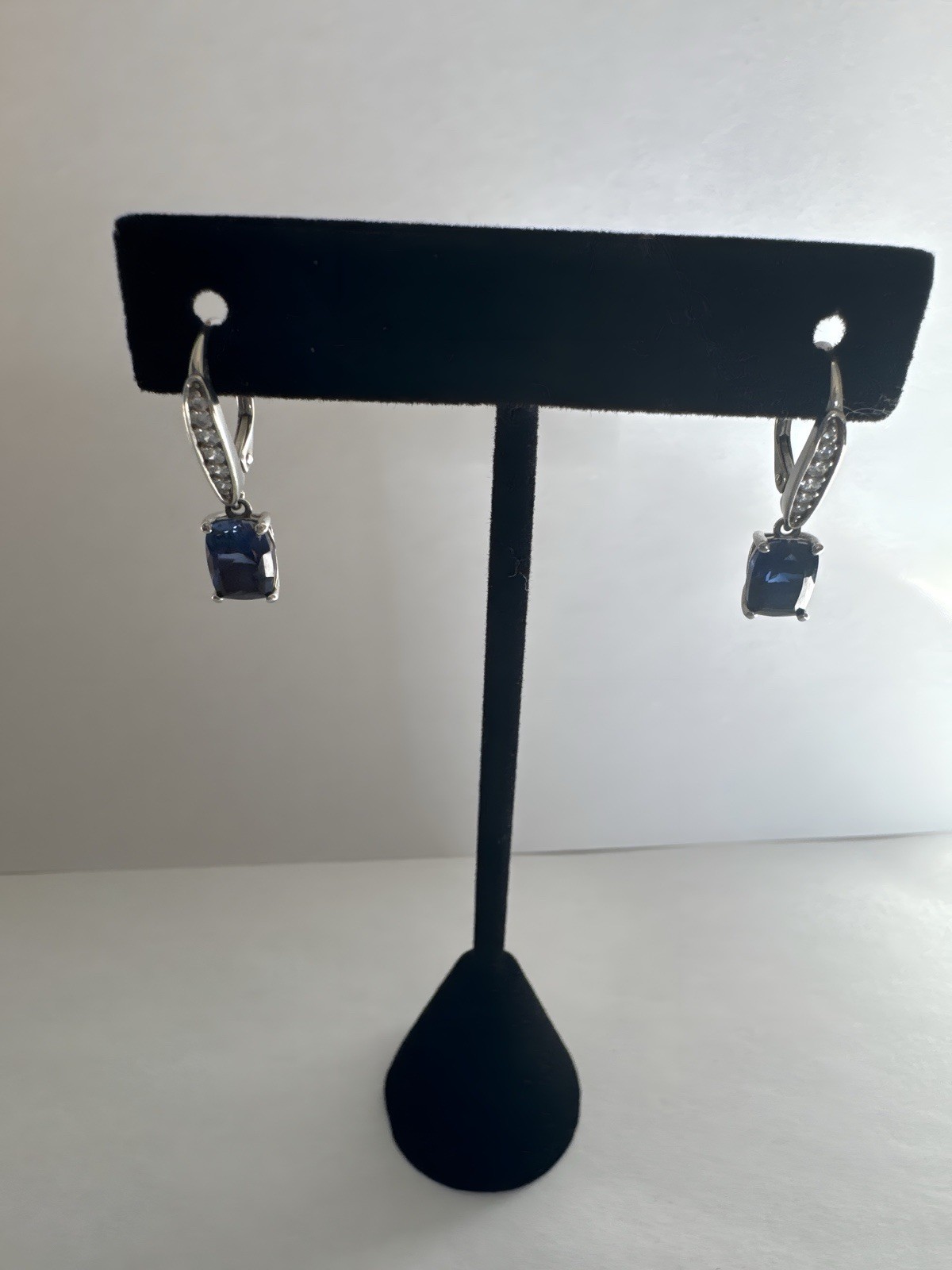 925 Silver Dangle Leverback Earrings Blue Sapphire Emerald Cut Drop
