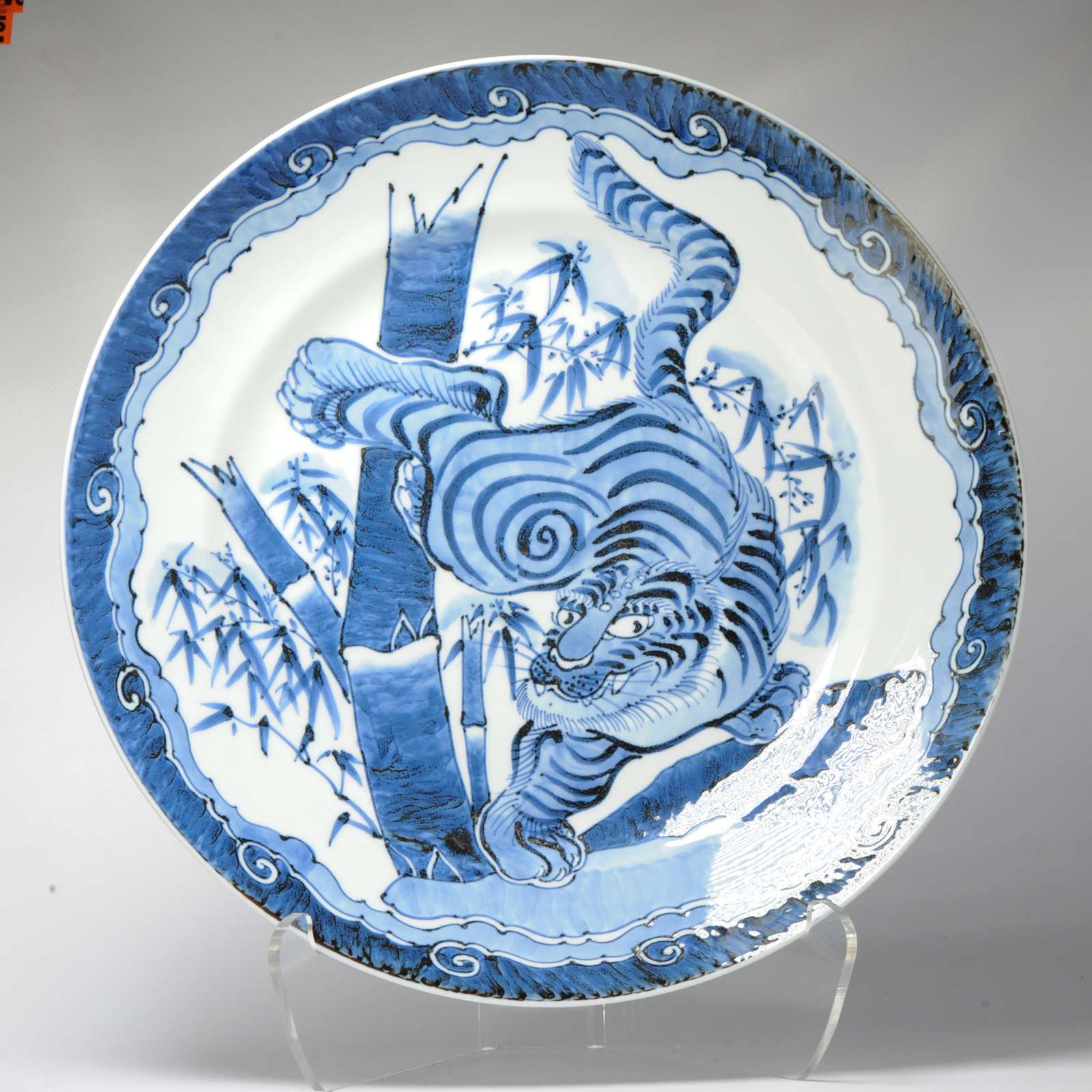 Huge 45CM 20C Japanese Porcelain Charger Bamboo Tiger Cobalt Blue