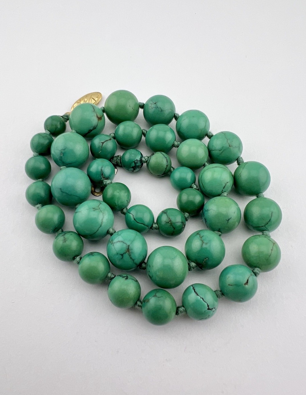 Old Chinese Silver Carved 8mm-12.5mm Turquoise Graduated Ball Bead Necklace 19″