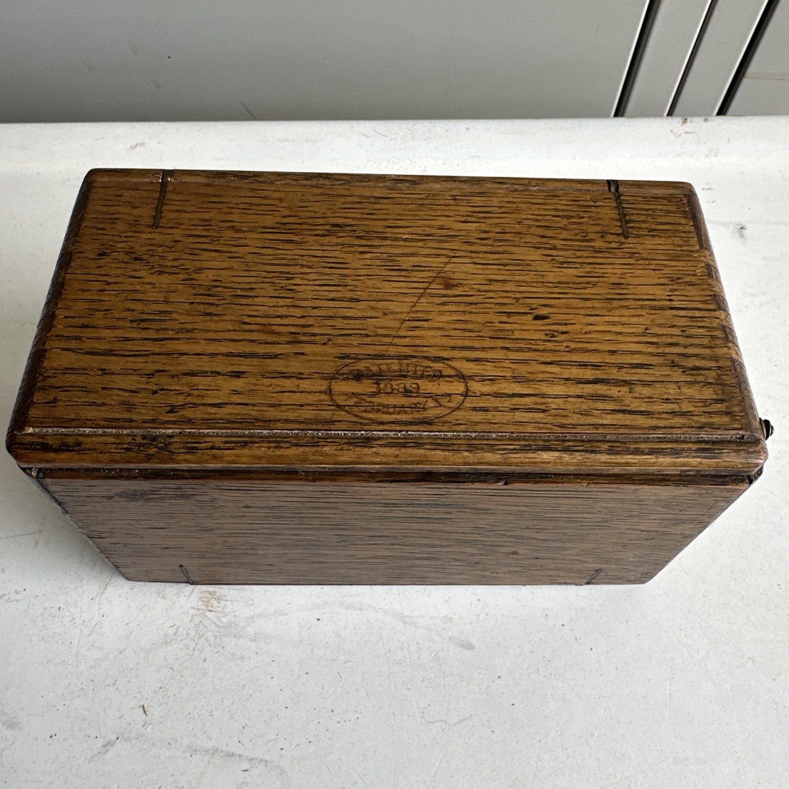 Singer Sewing Oak Wood Puzzle Box with some Attachments Antique 1889 PAT.