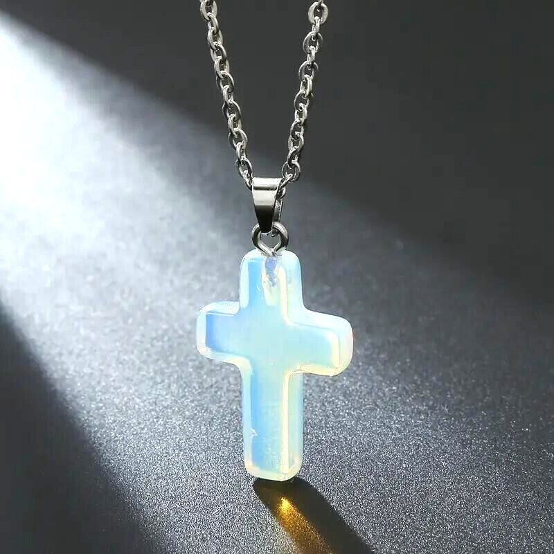 Natural Opal Stone Cross Gemstone Pendant Necklace Men Women Gift Fashion New