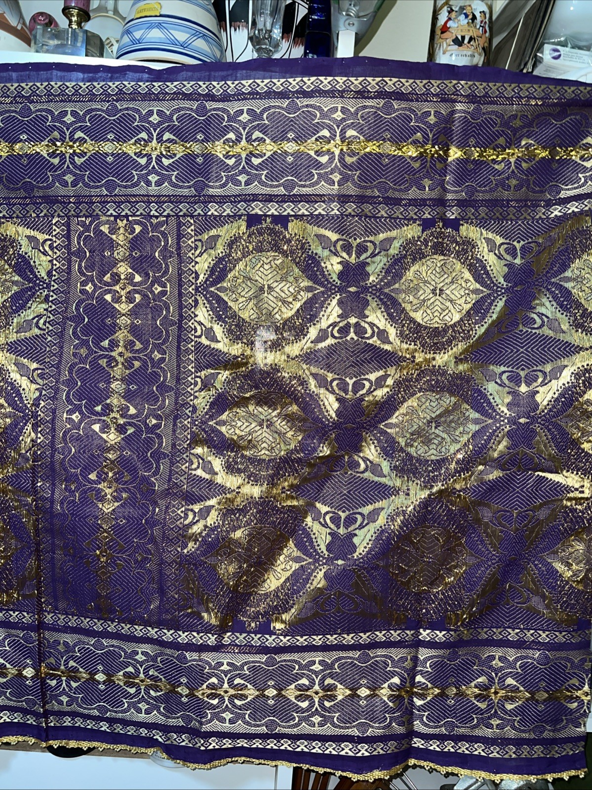 Vintage Thai Burma Myanmar Kalaga Tapestry Gold Violet. ￼257”x 34”