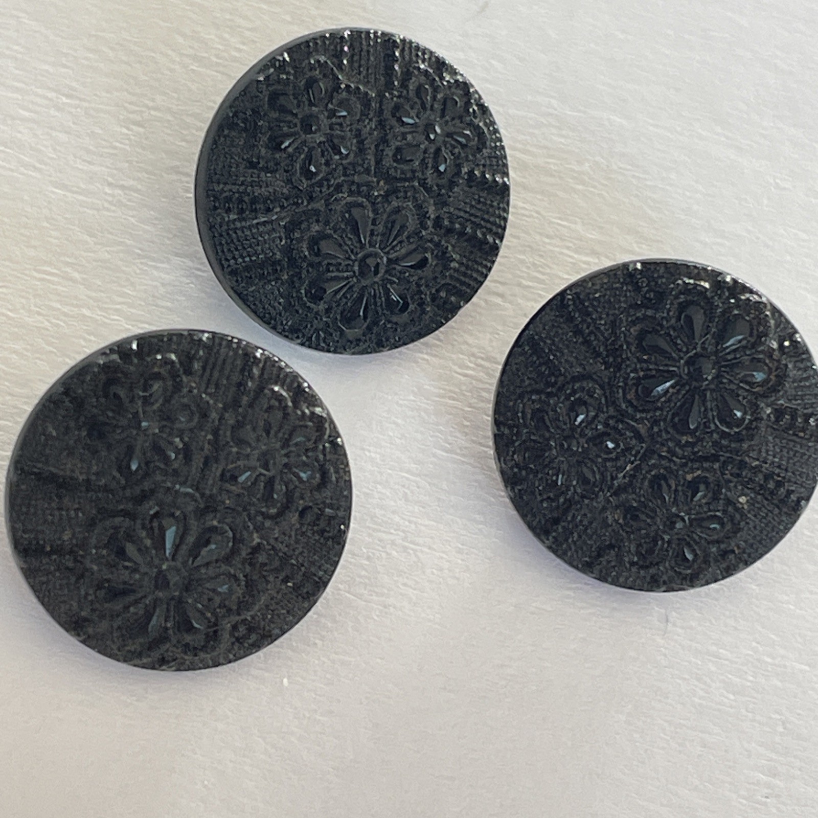3 Vintage Black Glass Buttons Self Shank 0.53” Fabric Pattern Flowers