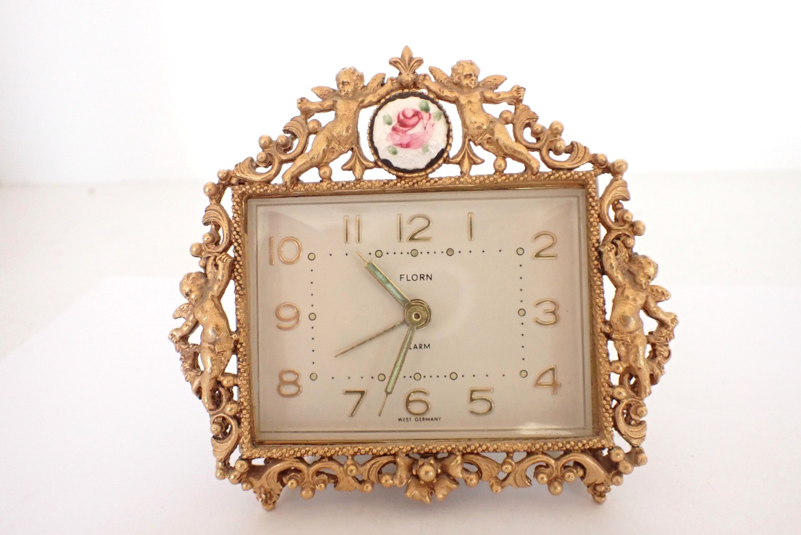Vintage Florenza Gold Gilt Cherub Enamel Rose Framed Florn Alarm Clock W Germany