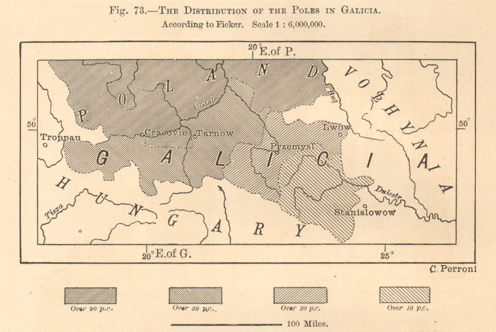 Proportion of Poles in Galicia. Poland Ukraine. Krakow Lviv. Sketch map 1885