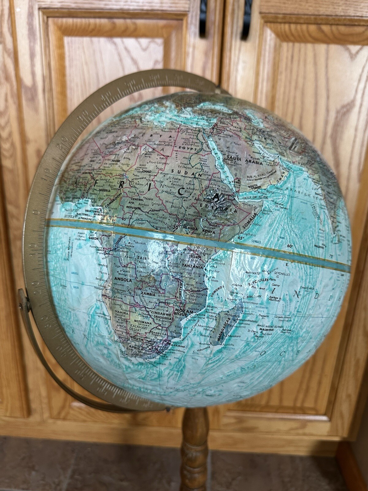 VINTAGE REPLOGLE 12″ EMBOSSED WORLD OCEAN SERIES GLOBE ON PEDESTAL STAND 30 INCH