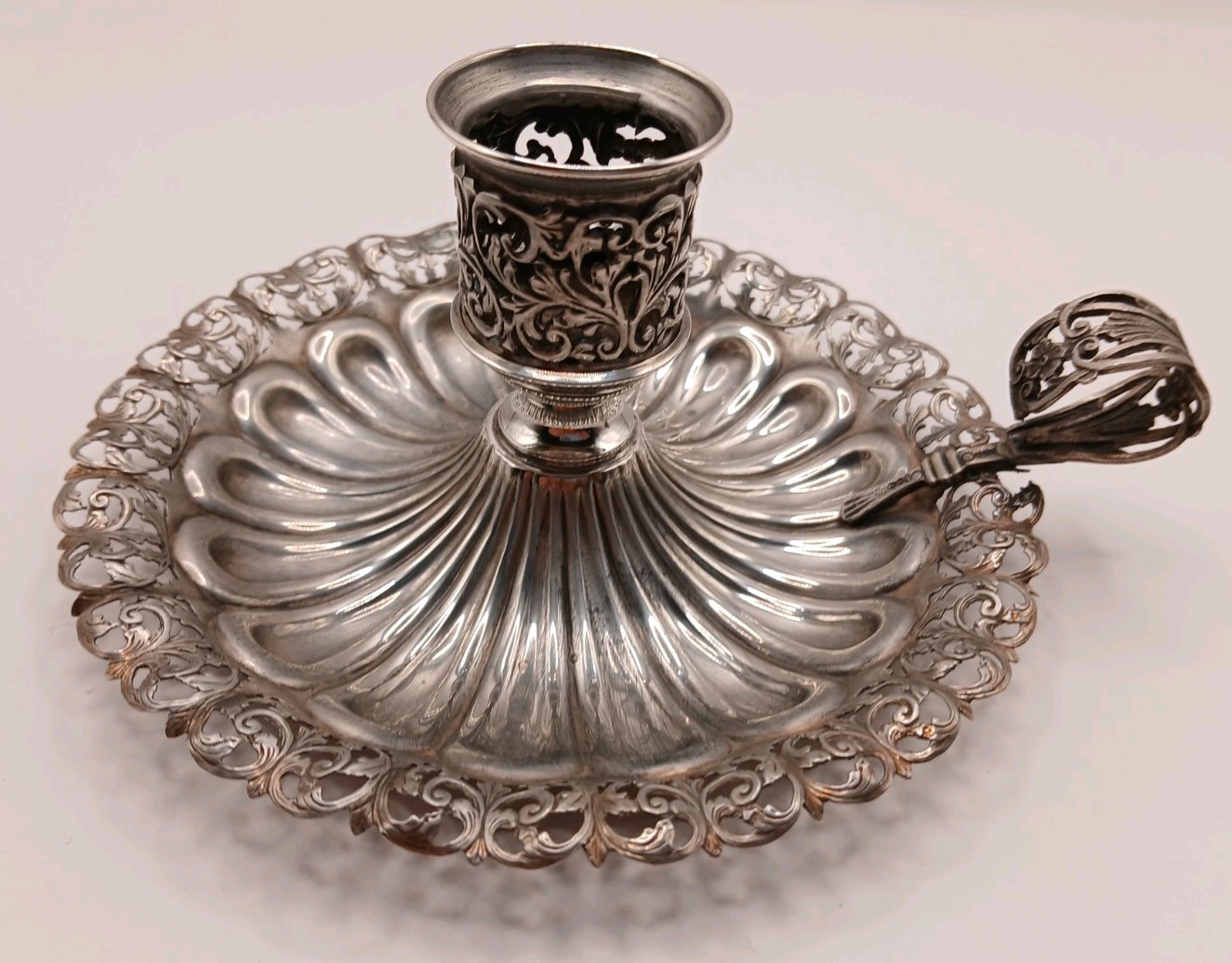 A Pair Of Solid 800 Silver Chambersticks Probably German.