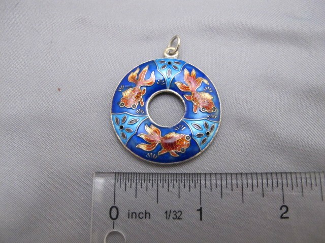 Vintage CHINESE Gilt Silver ENAMEL BI DISK PENDANT w/GOLDFISH