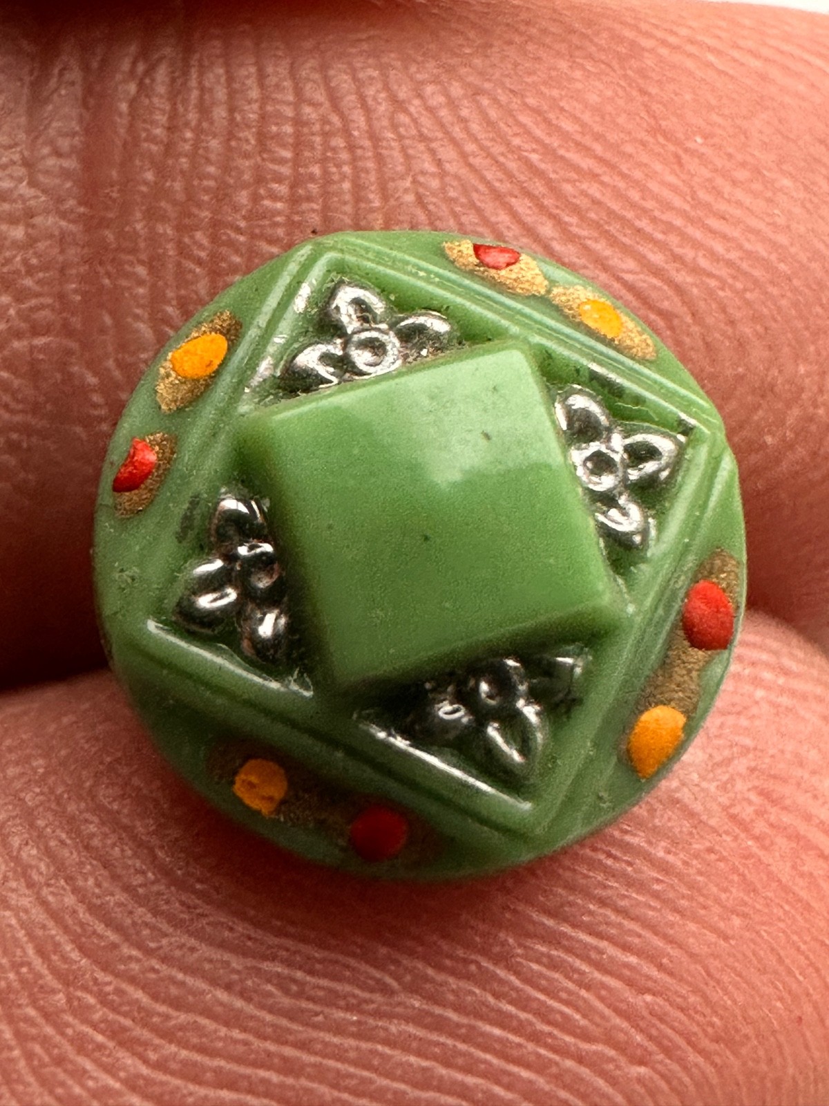 Antique green floral glass self shank button RARE