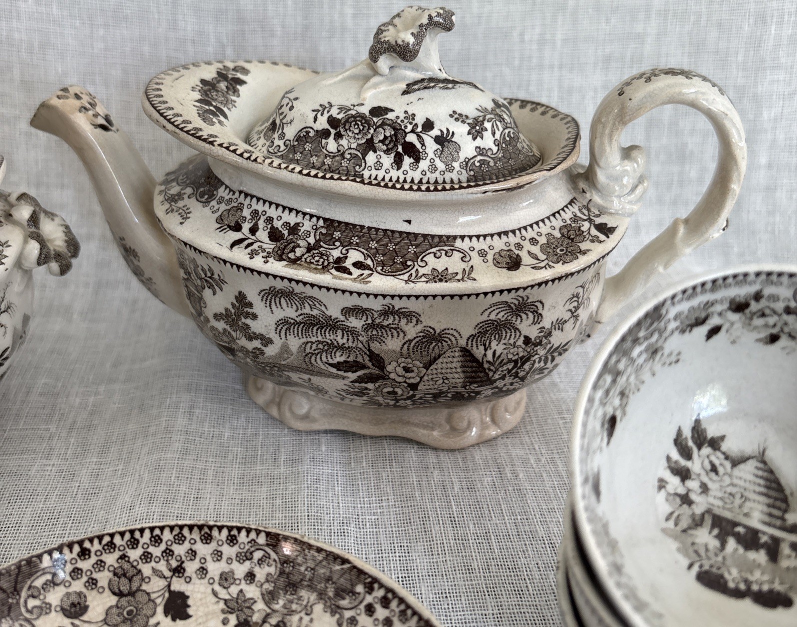 Antique 19thC Brown Transferware Child’s Tea Set Beehive Pattern 9 pc. England