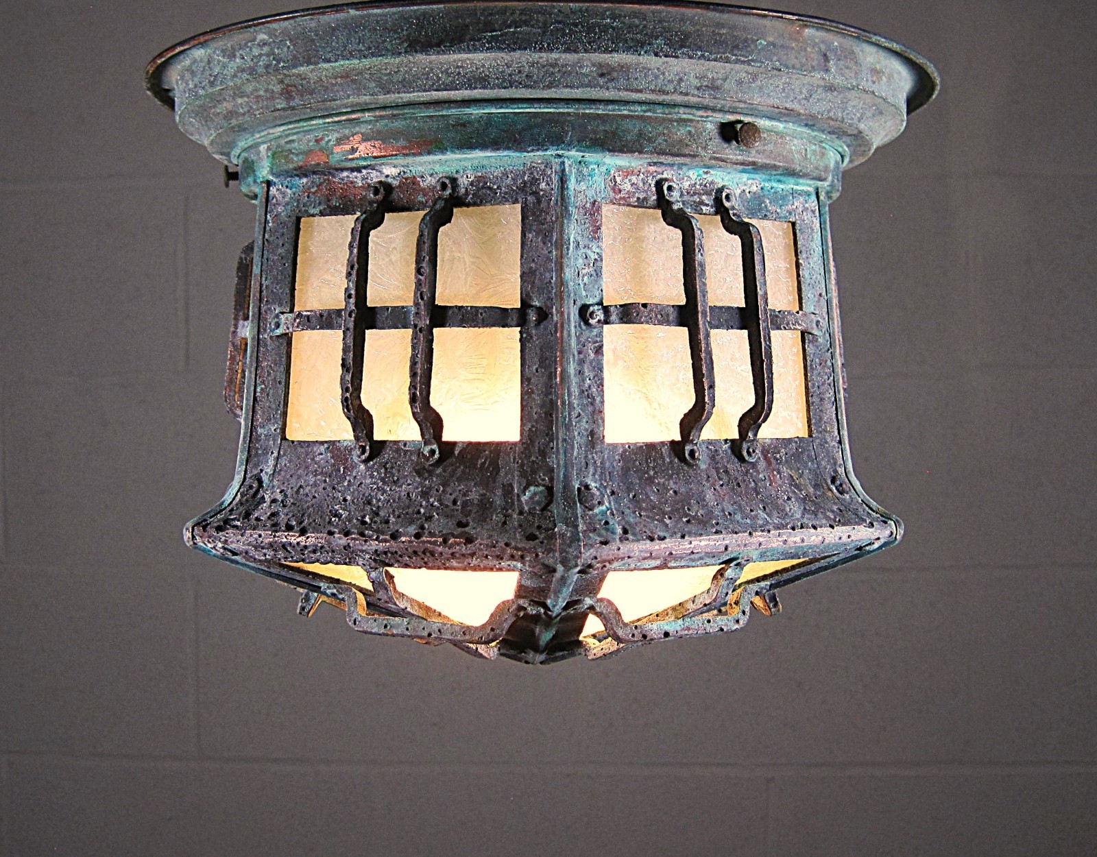 Antique Porch Light Solid Brass Ceiling Mount 1920`s Great Patina Restored