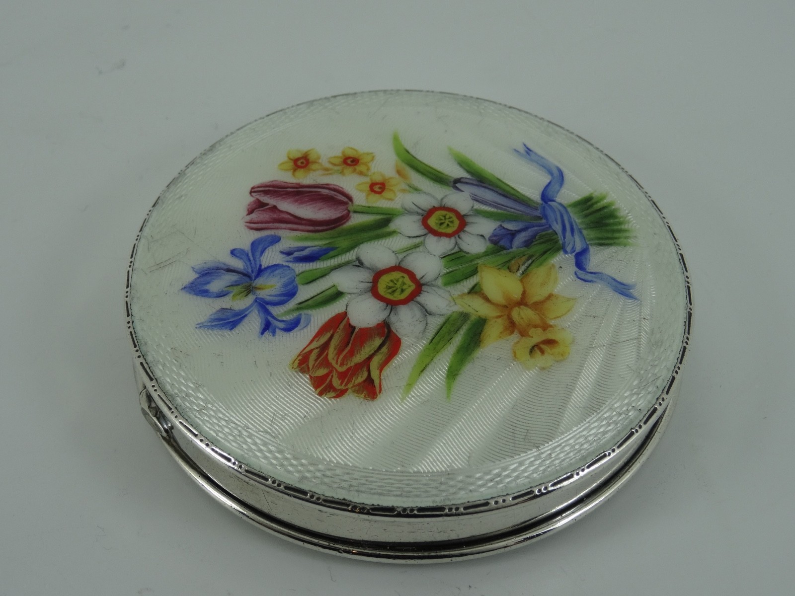 SOLID STERLING SILVER SPLENDID GUILLOCHE ENAMEL POWDER COMPACT BIRMINGHAM 1960