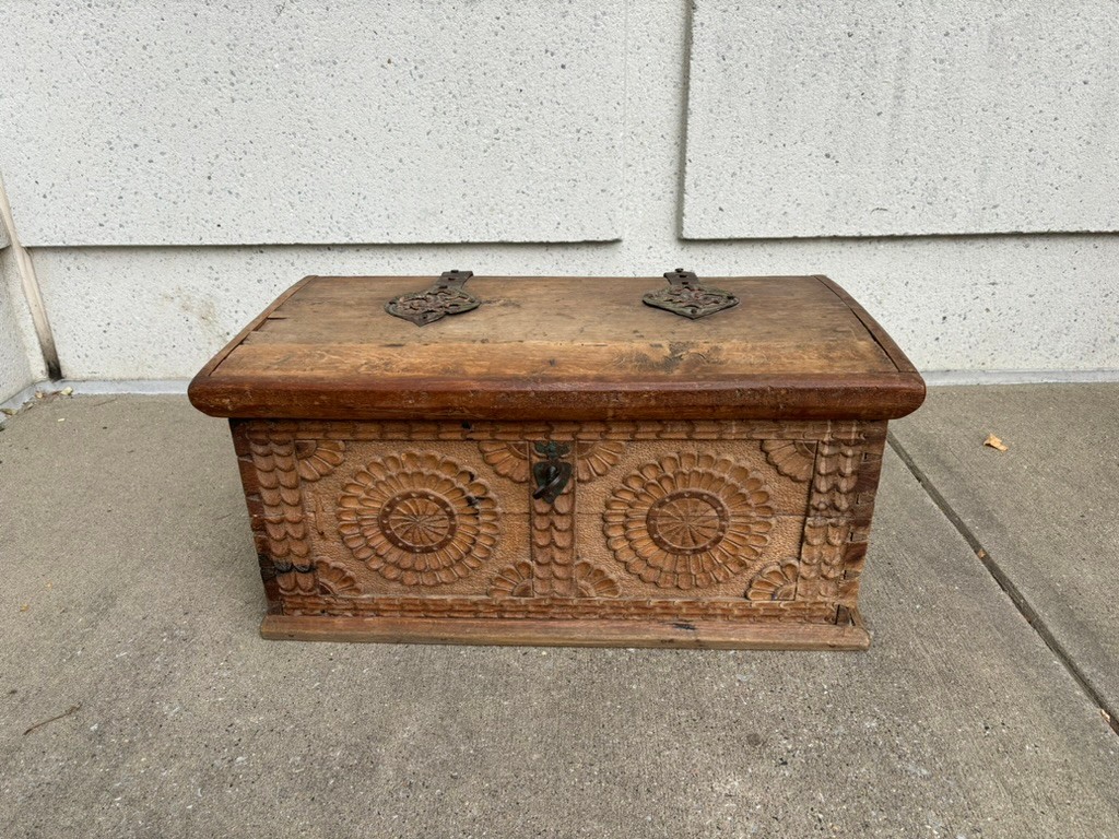 17th Century Spanish Baroque Carved Oak and Iron Chest With Original Key