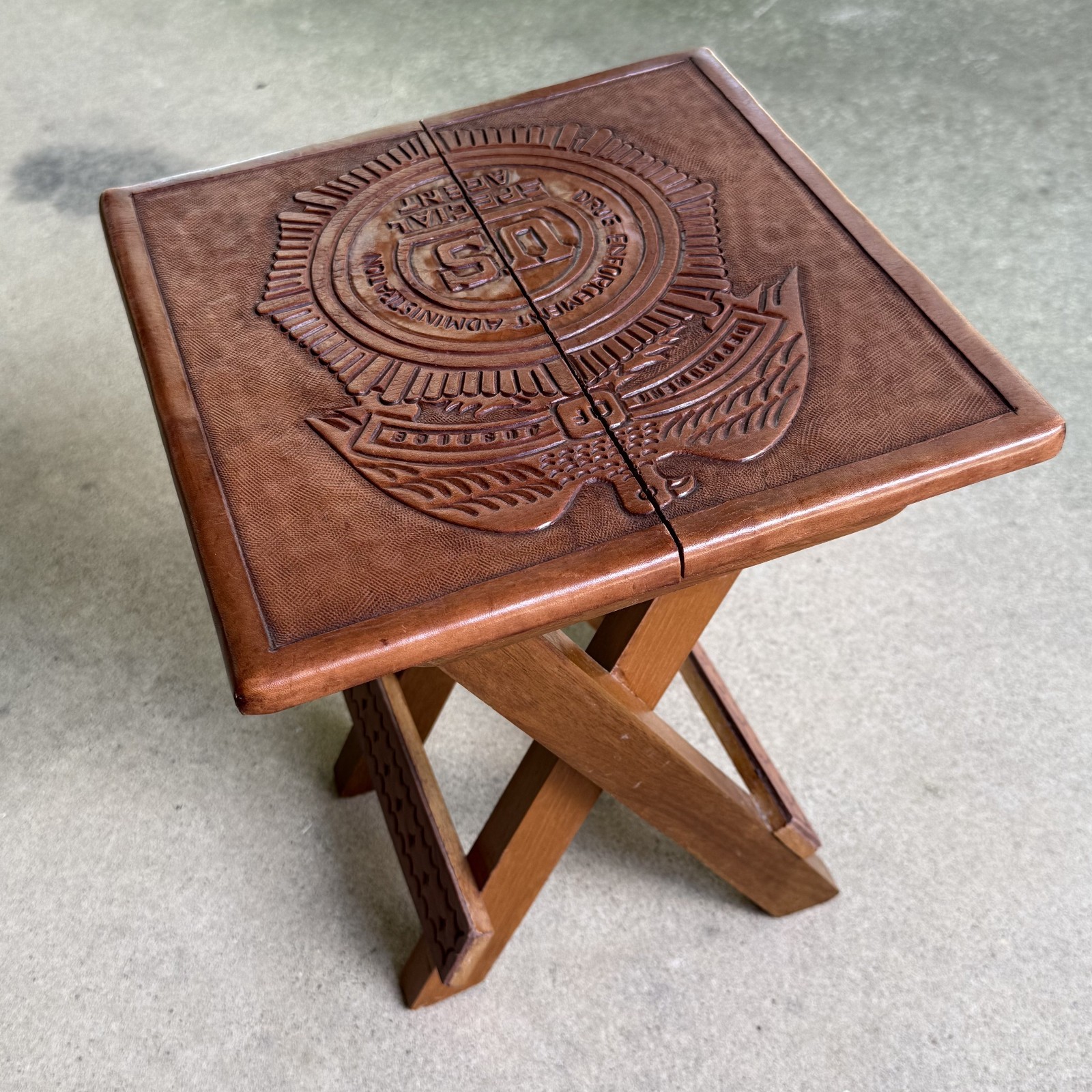 Vintage Wood and Leather Embossed Folding Stool – USA – DEA Special Agent