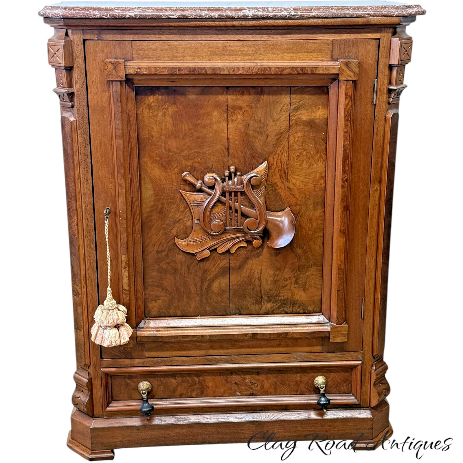 Antique Victorian Burl Walnut Credenza Marble Top Hall Console Table 1860 Carved