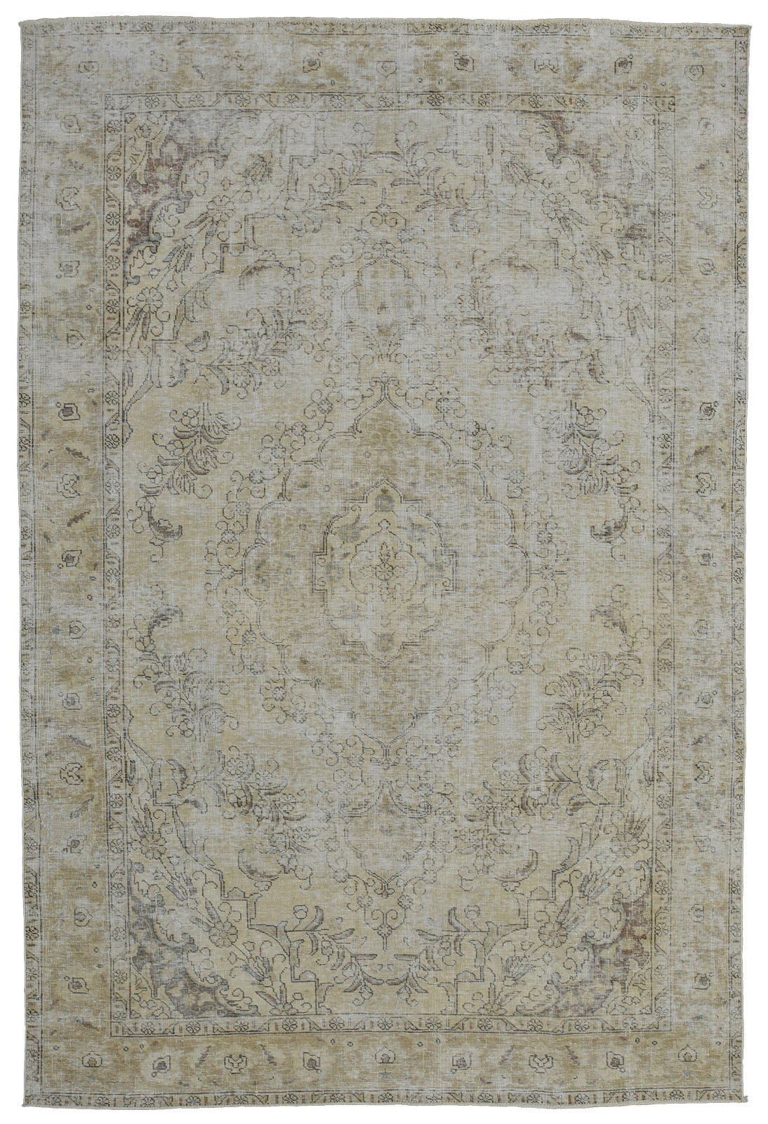 Tabrizi Rug 6’6” x 9’9” Beige Wool Vintage Distressed Hand-Knotted Carpet