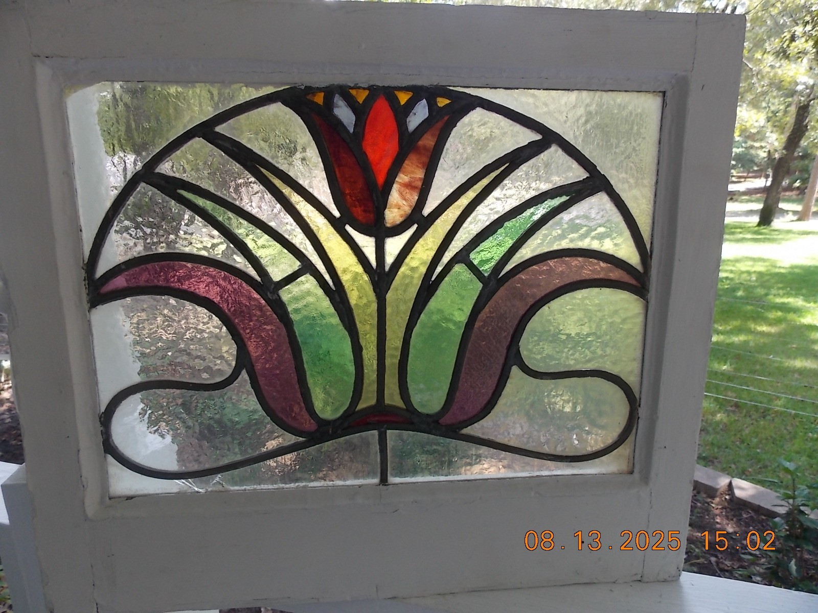331A Beautiful English Tulip Leaded Stain-Glass Window 21 X 18 1/4 0 S&H Added